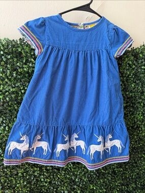 Mini Boden Blue Dress with White Unicorn Embroidery